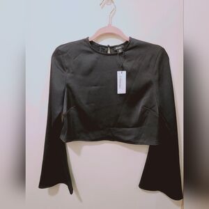 NWT size 2 Black cropped satin top with flared sleeves